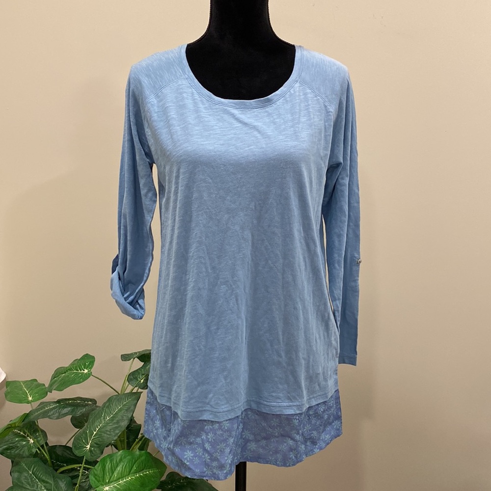 Lazy Jacks Light Blue Long Sleeve Tunic with Floral Hem NWT